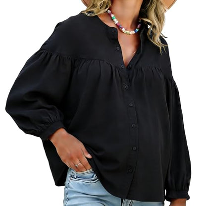 Womens Maternity Button Down Work Shirts Nursing Blouses Business Pleated Lantern Sleeve Pregnancy Office Tops - color: Black, size: Large