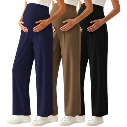Ecavus 3Pack Womens Maternity Pants Wide Leg Lounge Palazzo Pregnancy Pants - color: Black+navy+brown, size: Large