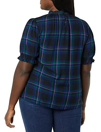 Amazon Essentials Women's Fluid Twill Short Puff Sleeve Ruffle Smock Detail Blouse - color: Black Multi Chelsea Tartan, size: X-Small