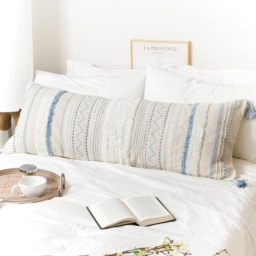 BlissBlush 20X54 Oversized Large Lumbar Pillow Cover for Bed, Rectangular Long Decorative Throw Pillowcase, Cotton Boho Accent Cushion with Blue Tufted Pattern and Tassels, Cream Neutral (Cover Only) - color: Blue, size: 54" x 20" (Pack of 1)