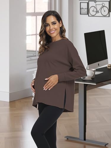 Ecavus Women's Maternity Shirts Long Sleeve Side Split Pregnancy Top - color: Apricot+grey+black, size: XX-Large