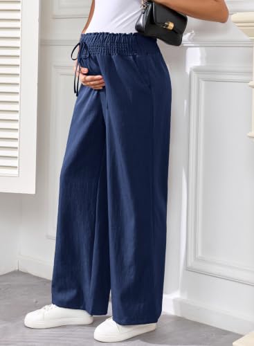 BLENCOT Maternity Pants Wide Leg High Waisted Flowy Pregnancy with Pockets - color: Navy Blue, size: Large
