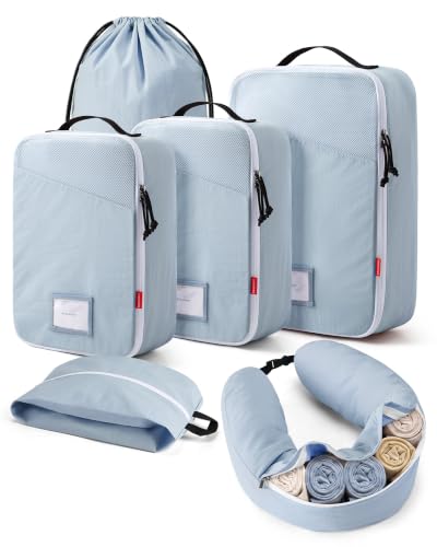 BAGSMART 6 Set Packing Cubes for Travel with Fillable Neck Pillow, Shoe Bag - color: Dawn Blue