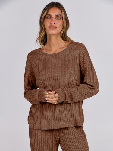 ANRABESS Women 2 Piece Lounge Pajamas Sets Casual Fall Outfits - color: Brown, size: Medium