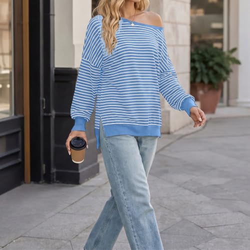 Fall Tops for Women 2026 off Shoulder Striped Top Long Sleeve Pullover Tops - color: Blue, size: Large