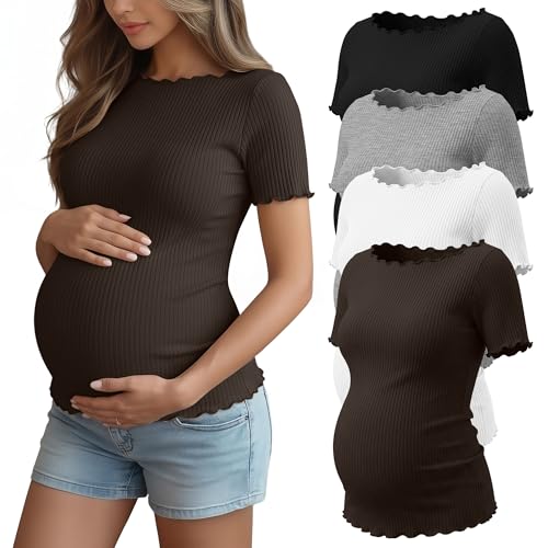 4 Pack Women's Maternity Ribbed Shirts - color: Black, Light Heather Gray, White, Brown, size: Medium