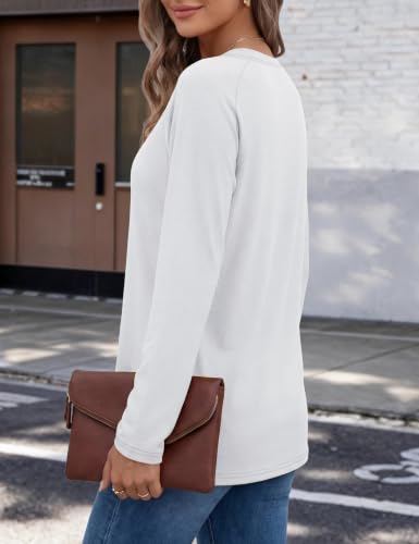 YUCOLEN Women's Long Sleeve Shirts Crew Neck Casual Cotton Basic Tee - color: White, size: Small