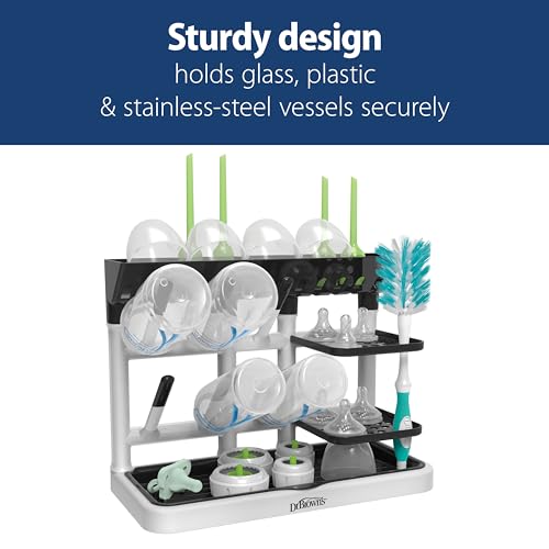 Dr. Brown's Drying Tower, Stand-Up Drying Rack, Countertop Baby Bottle Drying with Organized Storage for Baby Essentials, Space Saving Vertical Rack, Black/White - size: Countertop, style: Black/White Stand-Up Drying Rack