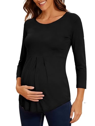 Glampunch Maternity Tops, Front Pleat Peplum Tunic Top Pregnancy Shirts - color: B3 Black, size: Medium