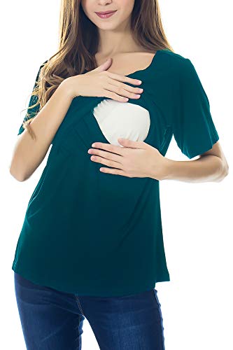 Smallshow Women's Maternity Nursing Tops Short Sleeve Breastfeeding Clothes - color: Deep Green-deep Grey-teal(3 Pack), size: Medium