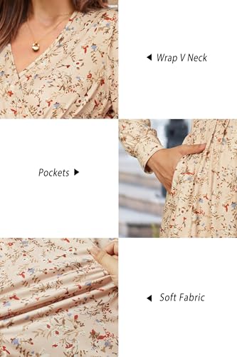 OUGES Women's Wrap Pregnancy Maxi V Neck Fall Baby Shower Maternity Dress - color: Apricot Floral, size: Small