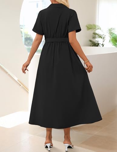 ZESICA Women's Summer Button Down Short Sleeve Midi Dress - color: Black, size: Small
