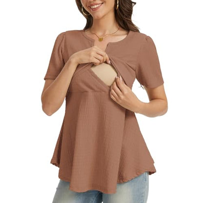 Bearsland Short Sleeve Nursing Top 3pack - color: Black & Silver Gray & Sand Brown, size: X-Large