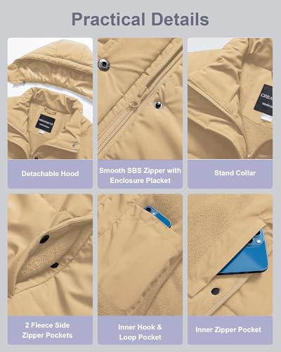 CREATMO US Women's Plus Size Warm Puffer Jacket Waterproof Fleece Lined Winter Coat with Removable Hood - color: Khaki, size: 3X