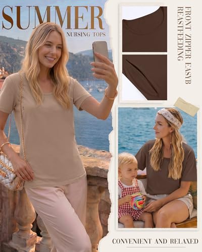 Ficerd 4 Pack Women's Maternity Nursing Shirts - color: Khaki, Brown, White, Black, size: XX-Large