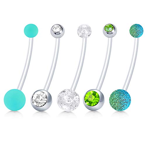 JFORYOU Pregnancy Belly Rings Maternity Navel Rings Flexible Bioplast Long Belly Button Rings Clear Navel Retainer Body Piercing for Daily Wear, Maternity Photoshoot and Beach Swimming - color: Green Color -5Pcs