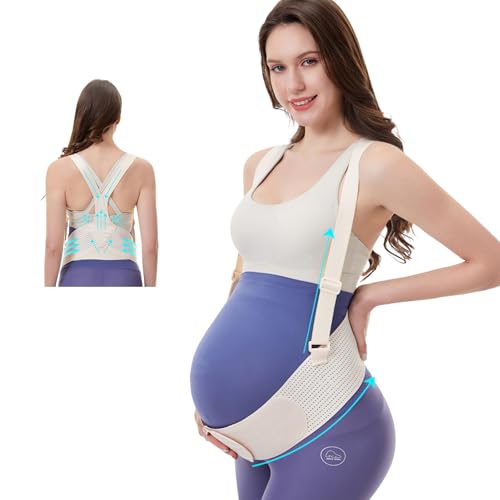 Maternity Belly Band for Pregnant Women – Anti-Slip Pregnancy Belly Support Belt with Shoulder Straps for Back, Pelvic, Abdominal Pain Relief, Breathable, No Rolling, Vest Style (Beige, Medium) - size: Medium