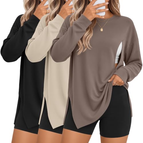 Ficerd 3 Pack Womens Nursing Tops for Breastfeeding - color: Coffee, Apricot, Black, size: Large