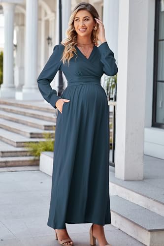 OUGES Women's Wrap Pregnancy Maxi V Neck Fall Baby Shower Maternity Dress - color: Gray Blue, size: Large