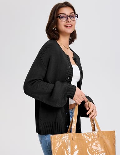 LOMON Womens Chunky Knit Cardigan Oversized Button Front Trend Sweater Tops - color: Black, size: Large