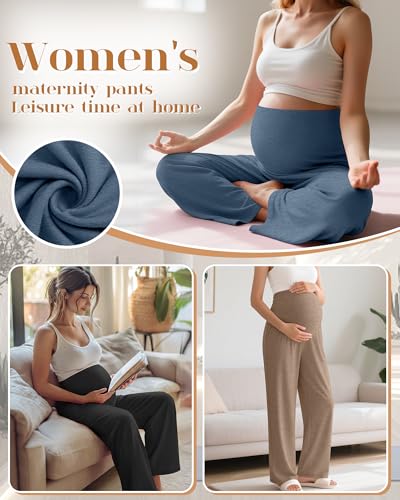 3 Pack Women's Maternity Lounge Pants with Pockets - color: Black, Mocha, Haze Blue, size: Small