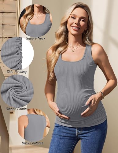 Ekouaer 4 Pack Maternity Tank Tops Ribbed Pregnancy Clothes Summer Outfit - color: Black/Dark Grey/Light Grey/White, size: Large