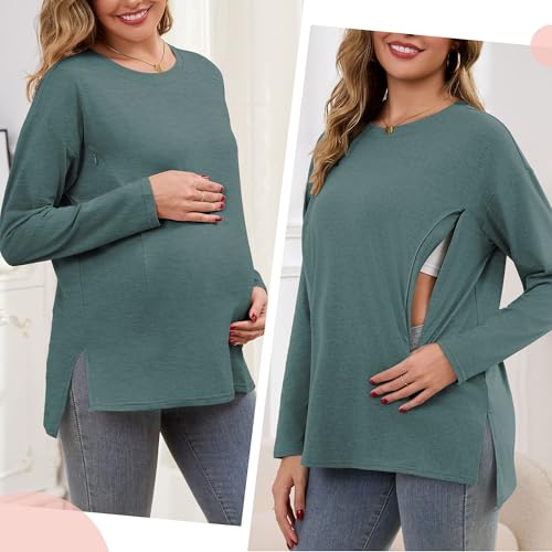 Women's Nursing Shirts Long Sleeve with Hidden Zipper Oversized Breastfeeding Tops Side Split Maternity Blouse - color: Heather Green, size: Medium
