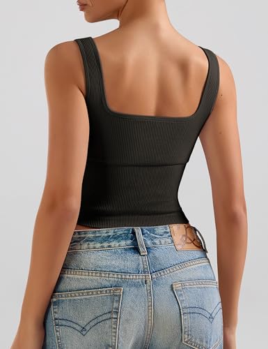 OLCHEE Womens 2 Pack Crop Tank Tops Square Neck Workout Top Padded - color: Black + Beige, size: Medium