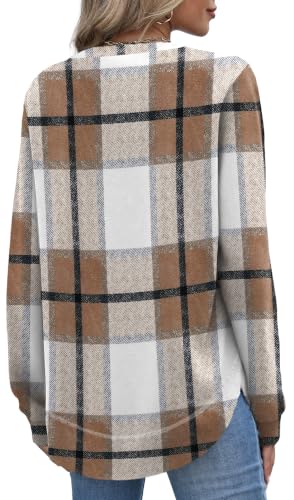 OFEEFAN Womens Sweaters Crew Neck Tunic Tops Long Sleeve Shirts Curved Hem - color: C-brown Plaid, size: Medium