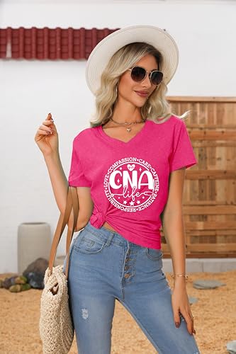 Nurse V Neck T Shirts for Women, Certified Nursing Assistant Tshirt - color: Rose Red, size: Medium