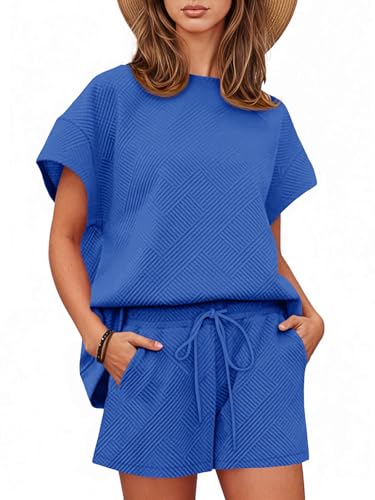Tankaneo Womens Short Sets 2 Piece Outfits Summer Matching Lounge Set - color: Blue, size: X-Large