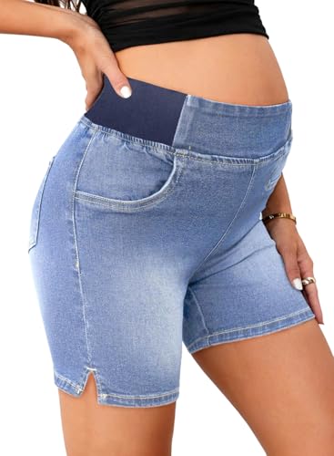 BLENCOT Maternity Jeans Shorts Elastic Waist Stretchy Denim Shorts - color: Myosotis, size: Medium