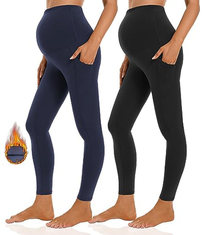 Foucome Women's Fleece Lined Maternity Leggings with Pockets - color: 2pack Black+navy, size: X-Large