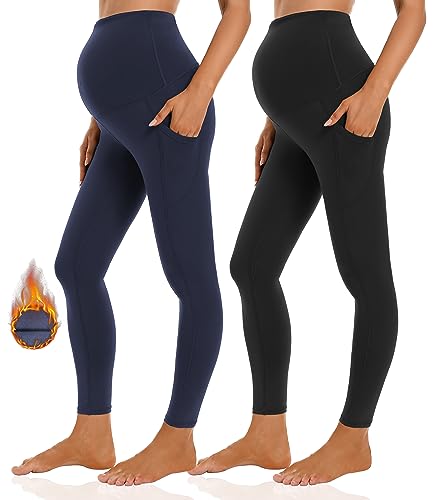 Foucome Women's Fleece Lined Maternity Leggings with Pockets - color: 2pack Black+navy, size: Large