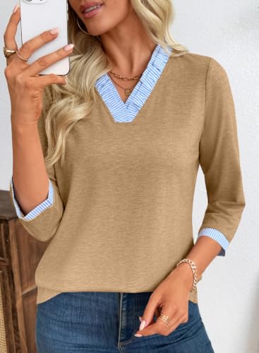 EVALESS Womens Tops Striped Colorblock V Neck 3/4 Sleeve Blouses Tunics - color: Clay, size: Medium