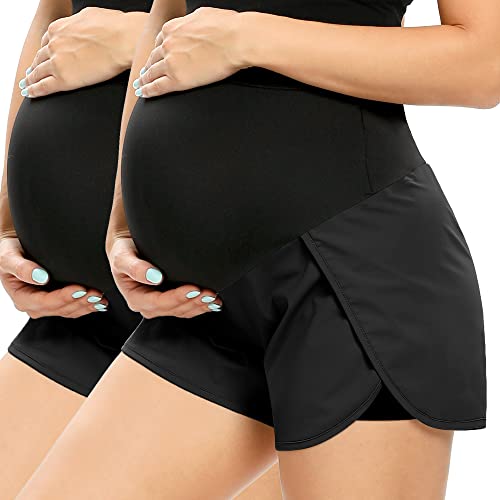 AMPOSH Women's Maternity Workout Shorts Over Belly Buttery Soft Athletic Yoga Running Shorts with Pocket - color: A001 Black/Black, size: Medium