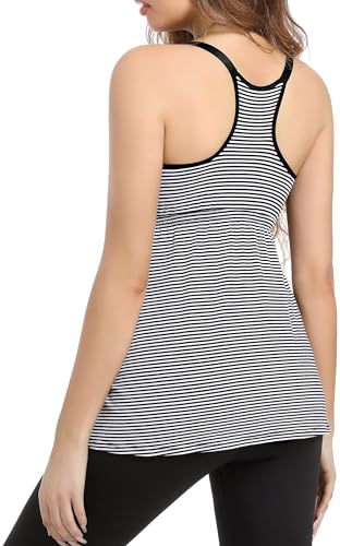 SUIEK Cotton Maternity Nursing Tank Tops with Shelf Bra Breastfeeding Camis - color: Dark Grey+black White Stripe+white 3pack, size: Large
