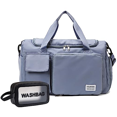 Travel Bag, Large Capacity Folding Travel Bag, Sports Gym Bag with Wet Pocket & Shoes Compartment, Foldable Travel Duffel Bag, Weekender Overnight Bag for Women and Man - color: Blue+Toiletry Bag