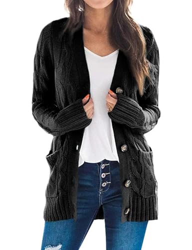 ZESICA Long Sleeve Button Down Open Front Cable Knit Cardigan Sweaters - color: Black2, size: Large