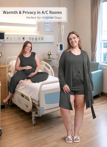 Rnxrbb 4 PCS All-Season Nursing Pajamas Robe Set Maternity Postpartum Pjs - color: Deep Gray, size: X-Large