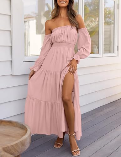 ZESICA Womens Fall Long Sleeve Boho Off Shoulder Maxi Dresses - color: Pink, size: X-Small
