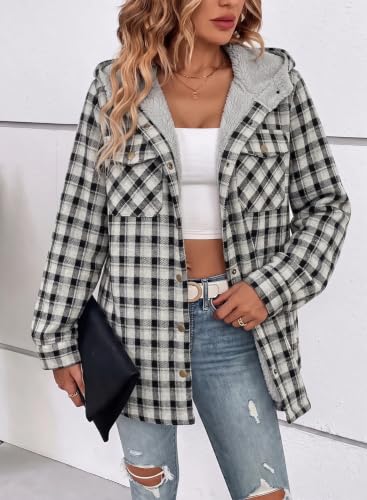 Dokotoo Womens Plaid Shacket Jacket Warm Fleece Hooded Jackets Winter Coats - color: Black, size: Small