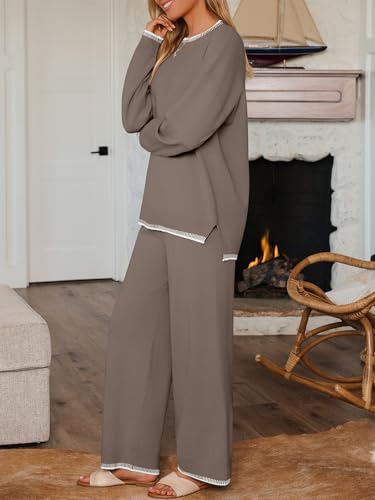 LILLUSORY Lounge Sets Womens 2 Piece Matching 2026 Fall Knit Sweater Set - color: Mocha, size: Large