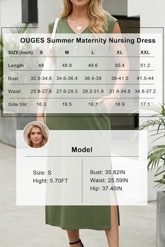 OUGES Women's Anti-Wrinkle Airy Layer Summer Maternity Dress V Neck Split Midi Nursing Dresses with Pockets 2026 - color: Army Green, size: Small