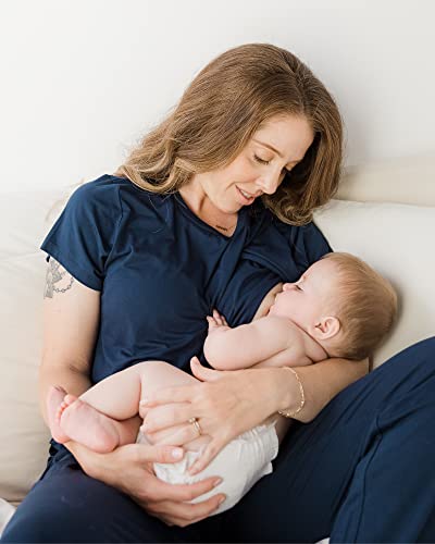 Kindred Bravely Tulip Hem Maternity Nursing and Postpartum Pajama Set - color: Navy Blue, size: Medium