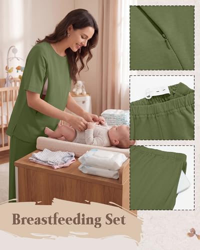 2Pc Postpartum Nursing Pajamas Set - color: Army Green, size: Large