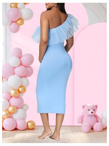 OYOANGLE Women's Maternity Ruffle One Shoulder Dress Bodycon Midi Dresses - color: Light Blue, size: Small
