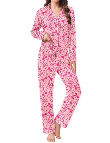 Ekouaer Womens Pajamas Set Button Down Long Sleeve Top & Pants Lounge Sets - color: Big Rose Bow, size: Medium
