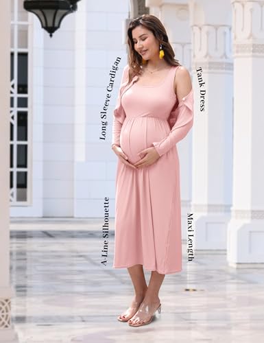2 PCS Maternity Dress with Cardigan Set, Tank Maxi Pregnancy Dresses - color: Blush Pink, size: Medium