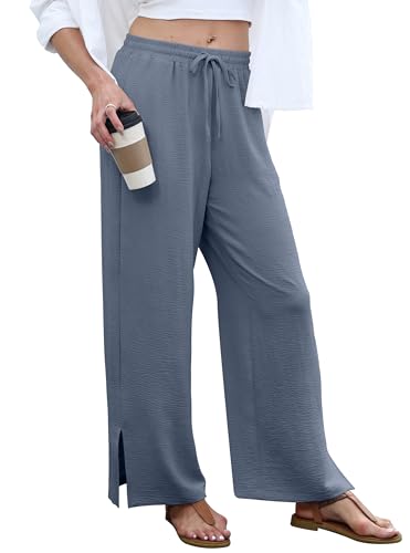 Sampeel Womens Wide Leg Beach Pants Elastic Waist Lightweight Casual Flowy Palazzo Lounge Trousers with Pockets - color: Dark Grey, size: XX-Large